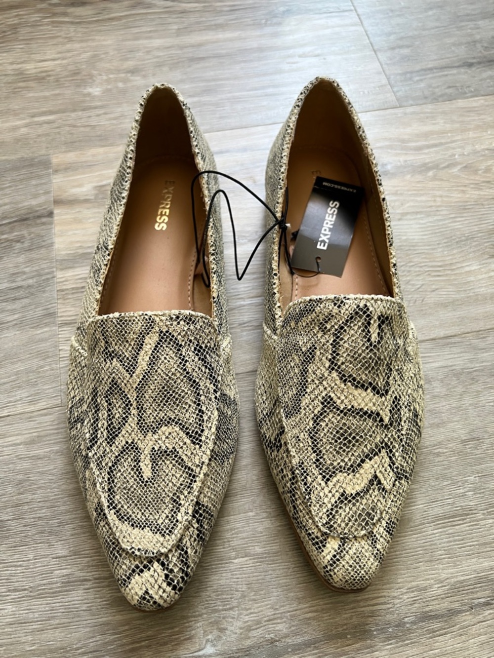 Express Women's Snake-Print Pointed Loafers in Beige and Black